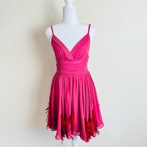 Twelve By Twelve Pink Mauve Ruched Feather Embellished Fit & Flare Chiffon Dress
